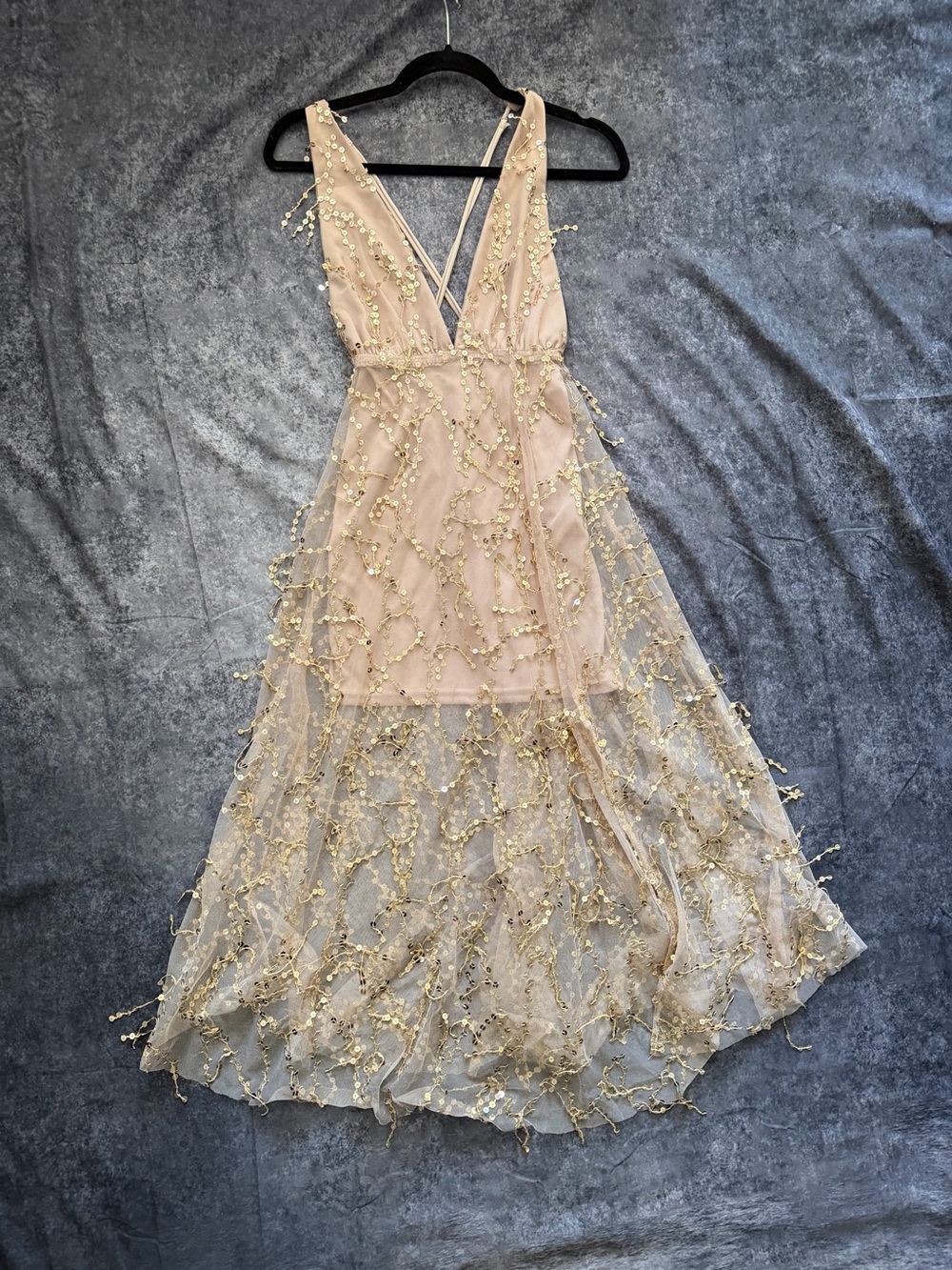 Angel Biba Blush and Gold High-Low Embellished Gown